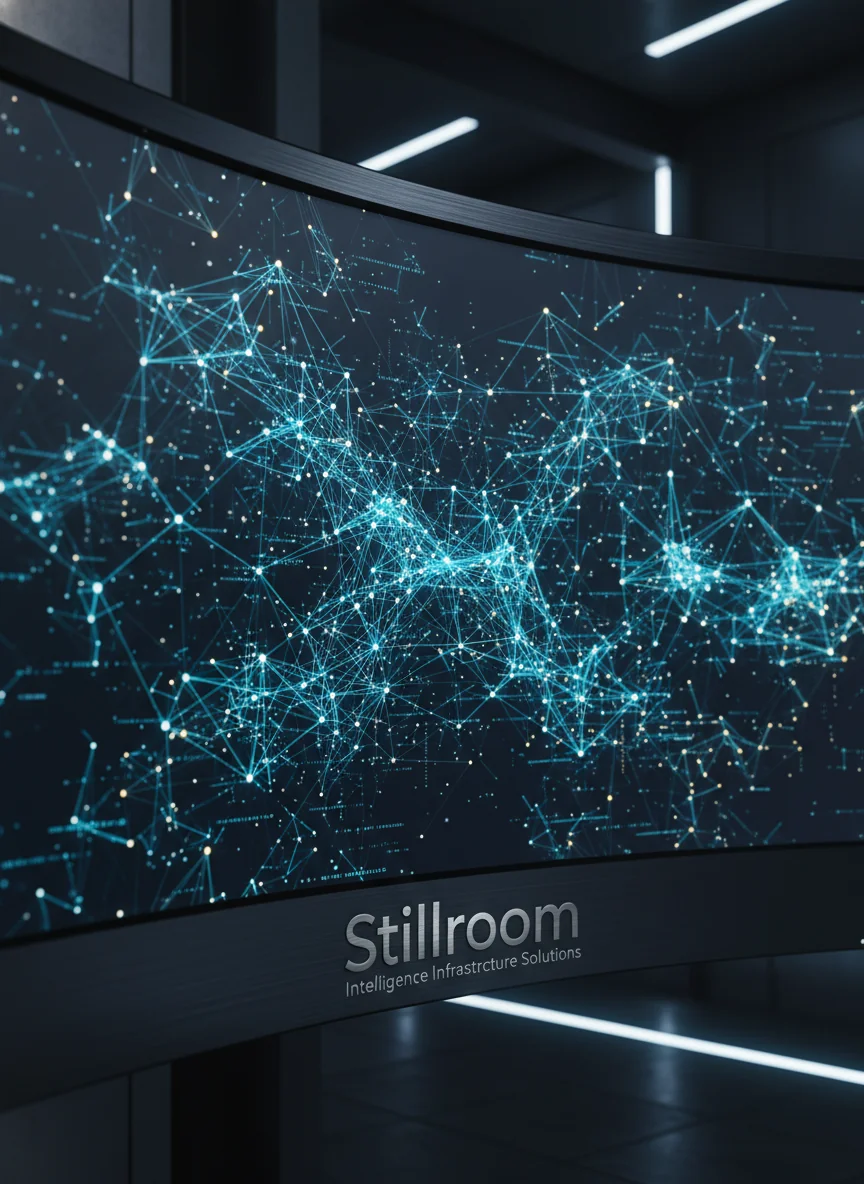Stillroom concept image of a connected intelligence network on a dark display