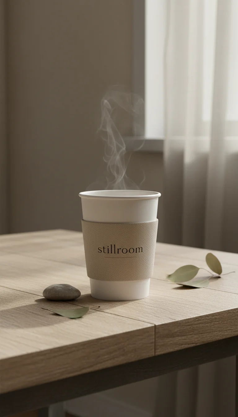 A Stillroom cup steaming in warm window light, beside eucalyptus leaves on a wooden table