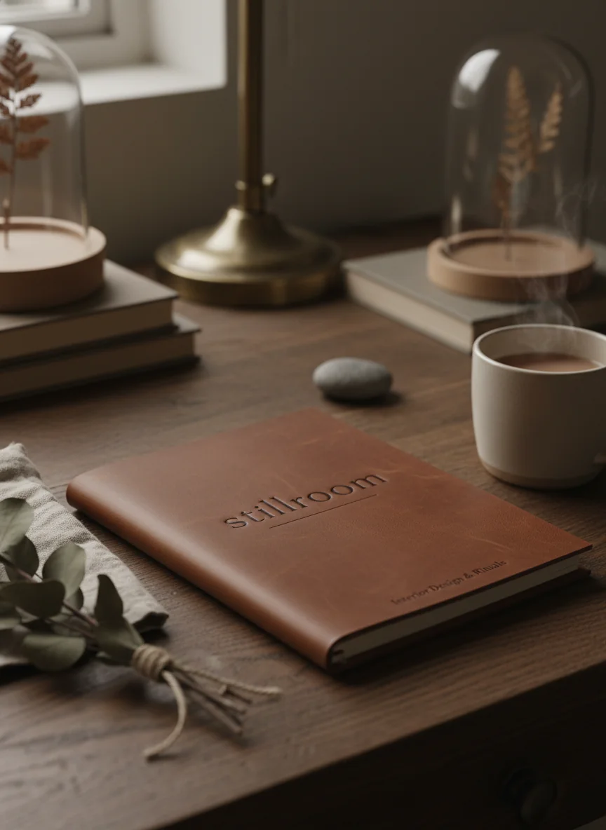 Stillroom notebook on a quietly arranged desk with a cup and soft natural light